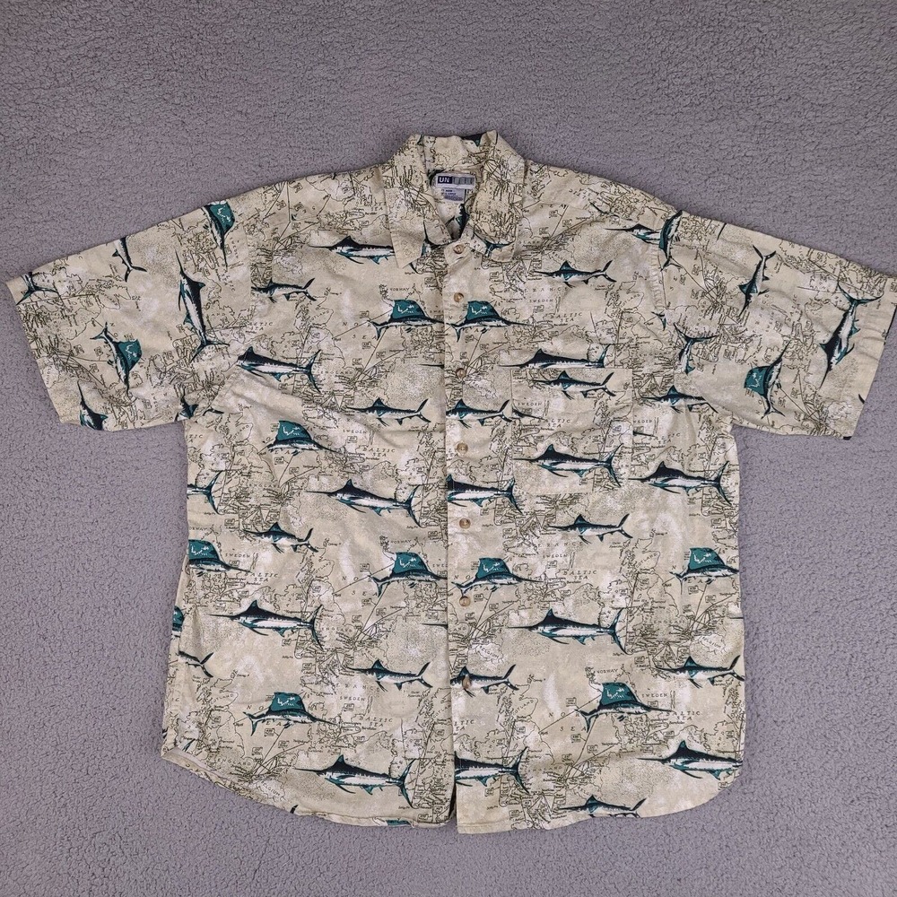 Untied Hawaiian Shirt Mens Large Beige Nautical Map Fish‎ Europe Button Down